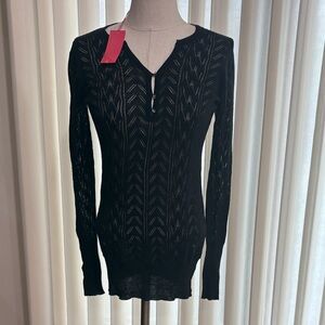 Charlotte Tarantola Black Lightweight open Knit SILK CASHMERE Long-Sleeve Top L
